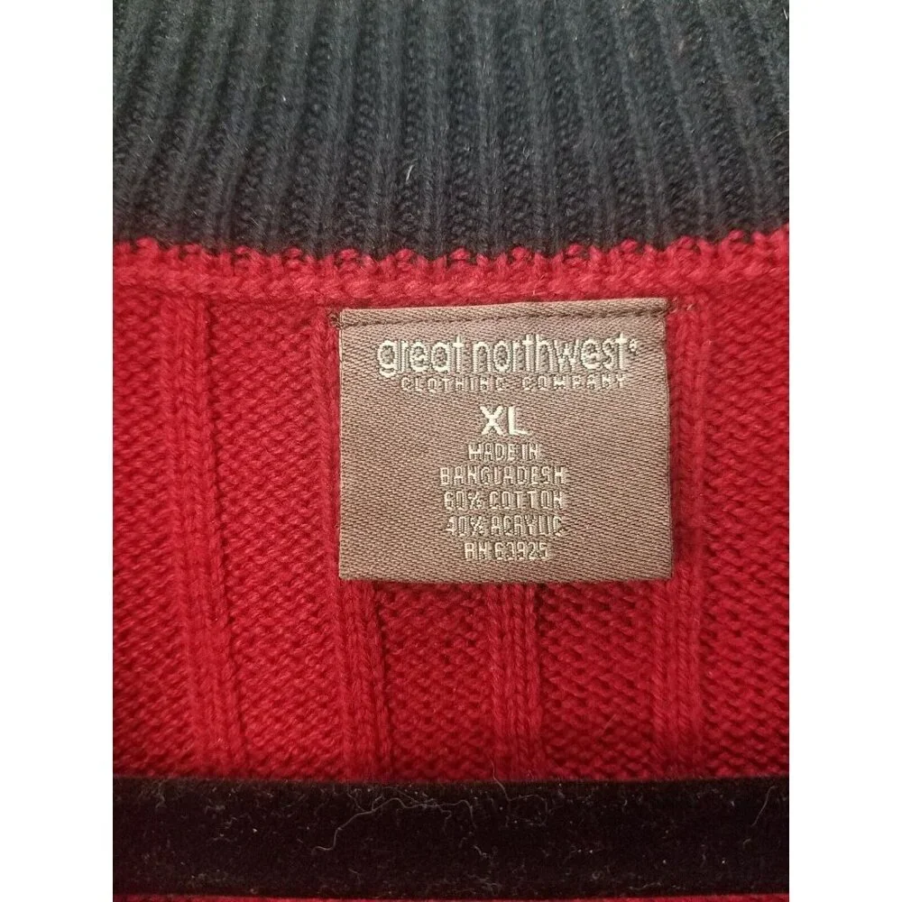 Great Northwest red cable knit sweater men's XL cotton blend 1/4 zip long sleeve